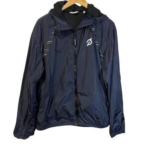 Peloton Windbreaker Jacket Dark Navy Blue Stripe Accents Hooded Rain Jacket Sz M
